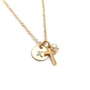 KALLEN DESIGN Handmade Gold K Initial Cross Gem Charm Necklace 14" w/ 1" Ext